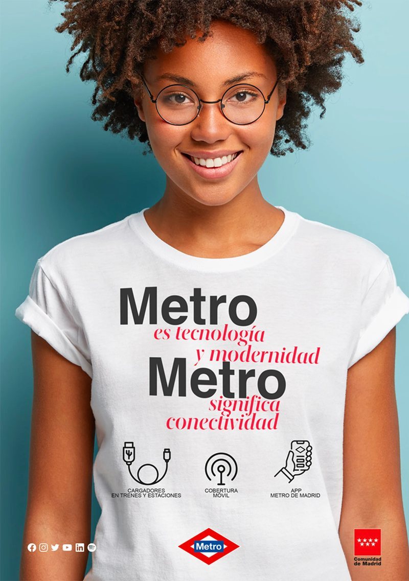 Cartel de Metro: una chica con una camiseta que dice «Metro es tecnología y modernidad, Metro significa conectividad»