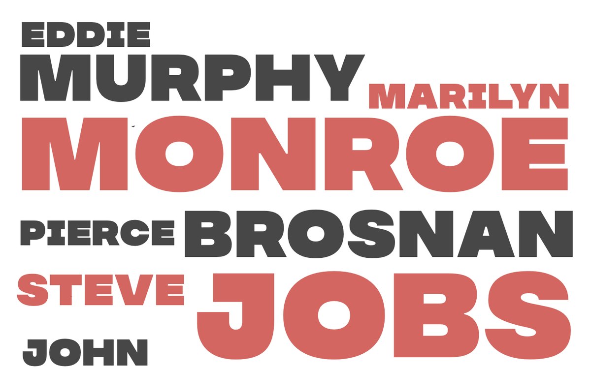 Cartel tipográfico con los nombres de Eddie Murphy, Marilyn Monroe, Pierce Brosnan, Steve Jobs y John Lennon