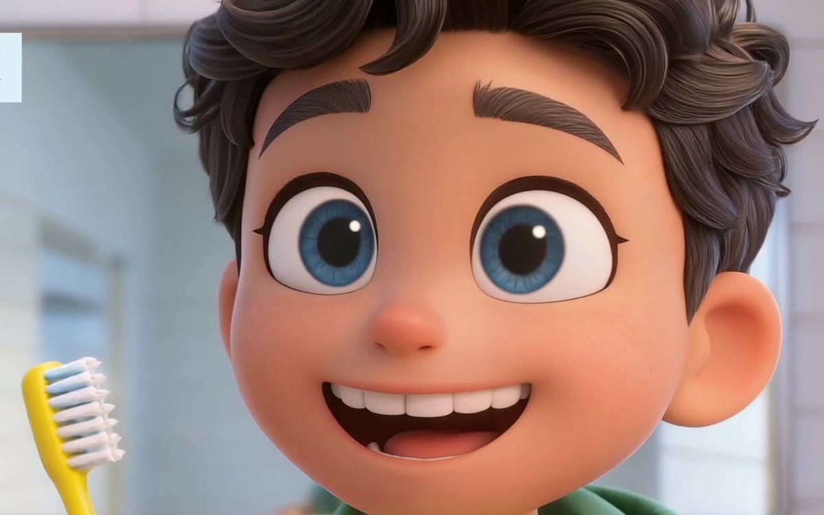 Un niño animado sonríe con su cepillo de dientes
